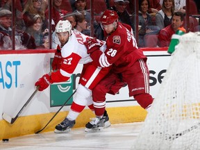 Red Wings forward Kyle Quincey (left) skates after the puck under pressure from Coyotes forward Lauri Korpikoski (right) during NHL action at Gila River Arena in Glendale, Ariz., on Feb. 7, 2015. (Christian Petersen/Getty Images/AFP/Files)