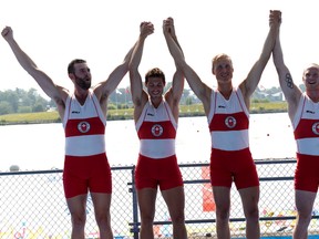 Thedford's Tim Schrijver, 23, and the Canadian men's coxless four rowing team earned gold Monday at the Pan Am Games in Toronto. From left are Conlin McCabe, Kai Langerfeld, Schrijver and Will Crothers. (Canadian Olympic Committee/Handout Photo/Sarnia Observer/Postmedia Network)