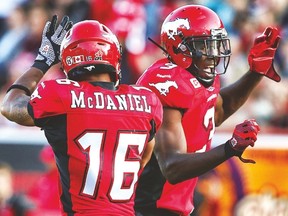 Stampeders’ Jeff Fuller (right) celebrates after his touchdown with Marquay McDaniel against the Argos last night in Calgary. (AL CHAREST/Postmedia Network)