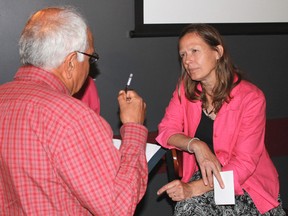 Veteran London Free Press journalist Debora Van Brenk speaks with an audience member following her presentation to Green Drinks Sarnia on July 7. Van Brenk was in town to talk about the proposed low and intermediate level nuclear waster repository that is set to be built in Kincardine. 
CARL HNATYSHYN/SARNIA THIS WEEK