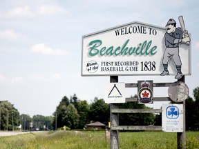 The sign seen off of Ingersol Road when entering Beachville reads, "First recorded baseball game 1838." An exhibit at the Beachville Museum that will stay up until the end of July is celebrating the history of baseball and Beachville's connection to its roots. (BRUCE CHESSELL, Sentinel-Review)