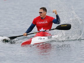 Canada's Mark De Jonge celebrates after winning the men's K1 200m at Welland Pan Am Flatwater Centre. (USA Today/Reuters)