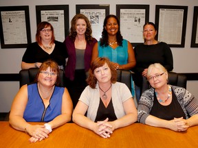 EMILY MOUNTNEY-LESSARD/THE INTELLIGENCER
Some of the founding women of 100+ Women Who Care Quinte are shown here on Tuesday in Belleville. In back are Rosi Ouellette, Lisa Anne Chatten, Tawnya Smith, Corrina Green. Shown in front are Teresa Gauthier, Angela Sheppard and Sandie Sidsworth.