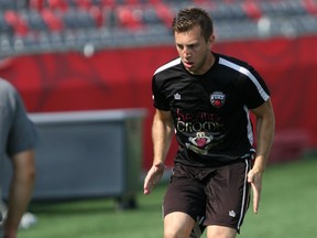 Ottawa Fury FC forward Oliver works out with the team's training staff on Tuesday, July 14, 2015 after suffering a broken nose thanks to a boot to the face in a 1-1 draw against Minnesota last weekend. (Chris Hofley/Ottawa Sun)