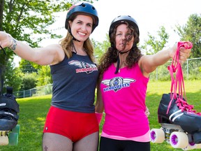 TIM MILLER/THE INTELLIGENCER
Nicole ‘Lil Knickers’ West  (left) and Tina ‘Lil Miss Slamshine’ Miceli are two members of the Belleville Bombshells Roller Derby team. The Bombshells’ next home game is Saturday July 18 at the RCAF Arena.