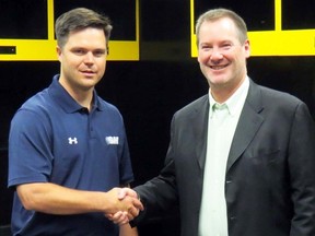 From left, Sarnia Sting general manager Nick Sinclair has hired Jeff Barratt to fill the vacant assistant coach position with the Ontario Hockey League team. In addition to roles with the Cedar Rapids RoughRiders and Philadelphia Little Flyers, Barratt was an assistant to Sting head coach Derian Hatcher in the Comcast minor hockey organization for the last three seasons. (Handout/Sarnia Observer/Postmedia Network)