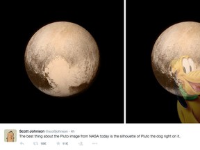 A photo tweeted out by @scottjohnson shows a newly released NASA photo of the planet Pluto and a manipulated photo showing a shape in the planet that looks like the cartoon character Pluto. Handout/Postmedia Network