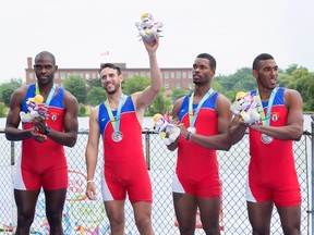 Orlando Sortolongo, second from right, is one of four Cuban rowers who have defected to the United States.