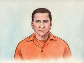 A sketch of Gavin Sean Griffiths.  Griffiths faces 27 charges including sexual assault, mischief, breach of probation and criminal harassment related to incidents between April 14 and May 7.  (Sketch by Laurie Foster-MacLeod)