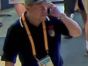 A surveillance image of a suspect sought in the theft of camera equipment at a Pan Am Games event in Mississauga Sunday, July 12, 2015.