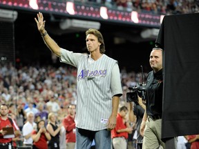 Randy Johnson is honored at Chase Field to honor the 10th anniversary of his perfect game against the Atlanta Braves on May 18, 2014. (Joe Camporeale/USA TODAY Sports)