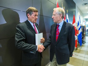 Toronto Mayor John Tory (left) and Senator Art Eggleton after a press conference regarding an interim report on a TCHC task force in Toronto Wednesday July 15, 2015.  (Ernest Doroszuk/Toronto Sun)