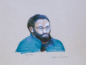 An artist's sketch shows Chiheb Esseghaier making his first court appearance, in Montreal, April 23, 2013.  REUTERS/Atalante/Files