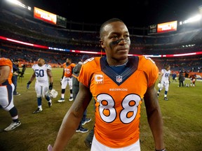 Denver Broncos wide receiver Demaryius Thomas (88) after their loss to the Indianapolis Colts in the 2014 AFC Divisional playoff football game at Sports Authority Field at Mile High. Chris Humphreys-USA TODAY Sports