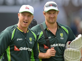 Australia's Brad Haddin and Shane Watson arrive at the training ground  ahead of the second Ashes Test match against England. (Reuters)