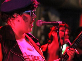 Shannon and the Clams frontwoman Shannon Shaw sports fake facial hair as she performs with her other band, Hunx and His Punx, in 2011. Shannon and the Clams will play July 22 at the Buckingham in Edmonton.   File Photo.