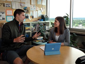 Pastor Tim Sesink speaks with Jessica Harasym, a speech pathologist with ISTAR about a pilot study where participants watch post-treatment videos of themselves with their fluency skills at College Plaza in Edmonton, AB on July 16, 2015. The pilot study found video self-modelling helps maintain fluency in people who stutter.
Catherine Griwkowsky/Edmonton Sun/Postmedia