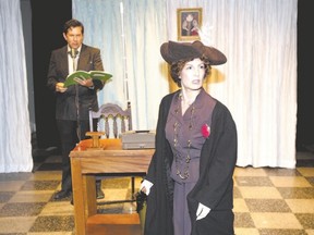 Catharine Sullivan plays Mayor Whitton and Colin Foster is The Radio Announcer in Molly?s Veil at Procunier Hall. (DEREK RUTTAN, The London Free Press)