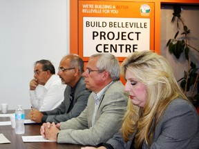 Belleville Councillors Kelly McCaw, Jack Miller, Mayor Taso Christopher and Garnet Thompson hear a report from engineering manager Ray Ford at the Mayor's Implementation Team meeting Thursday. Ford said the city will issue a call for tenders on July 30, for the Bay Bridge Road CP Rail overpass and Dundas Street West rehabilitation project. Sarah Hyatt/The Intelligencer