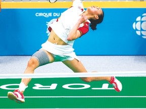 Michelle Li during her gold-medal badminton win at the Pan Am Games on Thursday. (Ernest Doroszuk/Toronto Sun)