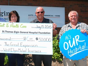 Ken McCallum, left, chairman of the West Elgin Mutual Insurance Compnay board of directors; Carrie Ford, campaign assistant, St. Thomas-Elgin General Hospital Foundaton; Brian Downie, chief exeutive officer of West Elgin Mutual Insurance; and Dan McKillop, a volunteer with St. Thomas-Elgin General Hospital; hold a cheque for $50,000 donated by West Elgin Mutual Insurance to the St. Thomas Elgin General Hospital's Great Expansion campaign. West Elgiin Mutal Insurance is also a sponsor of the It's Our Hospital golf tournament Aug. 15 at Dutton Meadows Golf Club.