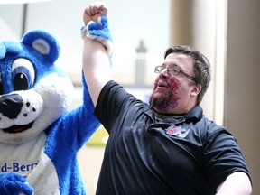 Bluebeard, a.ka. Ian Cameron of KFM 95.5 radio, took home first place in the Sudbury Blueberry Festival's Celebrity Pie-eating Contest held Thursday at the Rainbow Centre. Gino Donato/Sudbury Star/Postmedia Network