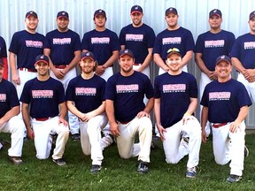 The Alvinston Indians qualified for nationals with a third-place finish at the Ontario Amateur Softball Association's Great Lakes provincial tournament in Tavistock. Back row from left are Gary Wren, Aaron Stocking, Craig Buttar, Travis Jones, Jeff Lyons, Ben Hodgins, Rory Miller and Rowan Lam. Front row from left are Kevin Morgan, Justin Krulicki, Jamie Shields, Brad Cooper, Craig Lyons and Joe Triest. Missing are Ryan Chapman and Paul McCart. 
Handout/Sarnia Observer/Postmedia Network