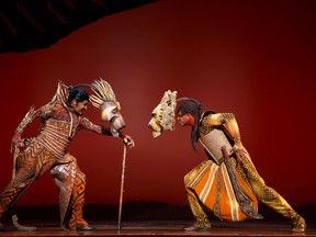 Patrick Brown as Uncle Scar and L. Steven Taylor as Mufasa in The Lion King. Photo by Joan Marcus