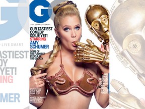 Amy Schumer on the cover of GQ magazine with C-3PO's finger in her mouth. 

(GQ)