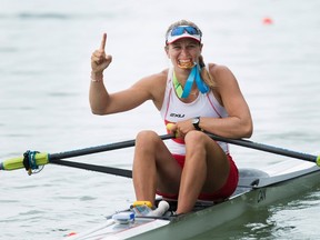 Former Laurentian University rower Carling Zeeman poses with her gold medal from the women's single sculls at the 2015 Pan Am Games at the Royal Canadian Henley Rowing Course in St. Catharines, Ont. on Tuesday. Zeeman won another gold the following day.