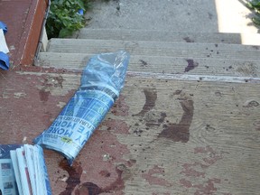 Bloody footprints stain the deck and stairs of a porch on Wednesday in Wiarton. A man claiming to live at the residence says he was shot twice by a gunman during an altercation that occurred after he answered a knock at his door.  James Masters/Owen Sound Sun Times