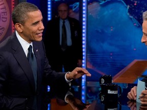 In this Oct. 18, 2012 file photo, President Barack Obama talks with Jon Stewart during a taping of his appearance on "The Daily Show with John Stewart" in New York. Obama is booked for his seventh appearance on "The Daily Show" Tuesday as Jon Stewart is beginning his final three weeks as host of the show. Stewart announced earlier this year that he will be leaving "The Daily Show" after 16 years. His final broadcast will be on Aug. 6. 

(AP Photo/Carolyn Kaster, File)