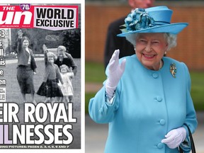 The front page of the UK's Sun, left, showing King Edward II teaching very young princesses Elizabeth and Margaret how to give the Nazi salute.  (Handout/Postmedia Network/WENN.com)