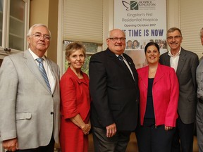 Representatives from Hospice Kingston and Providence Care announce a partnership with plans for Kingston's first residential hospice at a press conference in Kingston, Ont. on Friday July 17, 2015 - from left: John Gerretsen, Cathy Szabo, Tom Epp, Natasha Girard, Peter Merkley and Peter Kingston. Julia McKay/The Kingston Whig-Standard/Postmedia Network