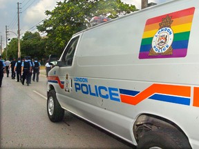 London Police had their vehicles decorated with the colors of the rainbow flag as their officers participated annual Pride London Festival parade. (Free Press file photo)