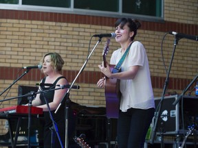 Kerri Ough, left, and Caroline Brooks perform with The Good Lovelies at the Home County Music and Art Festival on Friday. (DEREK RUTTAN, The London Free Press)