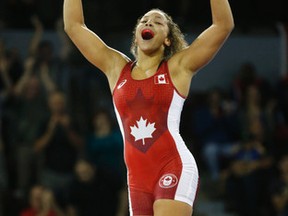 Braxton Stone-Papadopoulos celebrates after winning the gold medal in women’s 63-kg freestyle wrestling at the Pan Am Games.(Michael Peake/Toronto Sun)