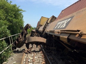 A Canadian National Railway train derailment near Bowmanville, Ont., Saturday, July 18, 2015 has forced Via Rail to suspend its passenger trains between Toronto and Montreal and Ottawa. THE CANADIAN PRESS/HO-Erin Ramsay