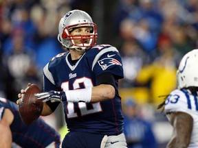 Patriots quarterback Tom Brady throws a pass against the Colts in the AFC Championship Game at Gillette Stadium in Foxborough, Mass., on Jan. 18, 2015. (Greg M. Cooper/USA TODAY Sports)