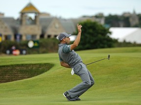 Spain’s Sergio Garcia reacts after missing a birdie on the 16th green during the third round of the British Open at the Old Course, St. Andrews, Scotland on July 19, 2015. (AP Photo/David J. Phillip)