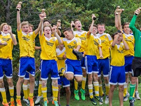 Members of the Kingston Clippers U-16 team celebrate after a win over a U-17 club on the weekend. (Kendra Pierroz/For The Whig-Standard)
