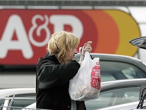 In this Monday, March 5, 2007, file photo, a woman loads groceries into her car outside an A&P store, in Wall Township, N.J.  (AP Photo/Mel Evans, File)