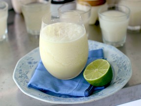 This July 13, 2015 photo shows a frozen drink made with makgeolli, pineapple juice, lime juice and cream of coconut in Concord, N.H. Koreans have been making the bubbly rice wine for centuries; it started as the alcohol of choice among farmers. But in recent decades it has become more fashionable and moved into the cities.