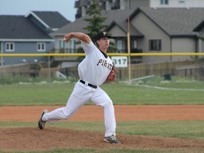 Colin Nazarchuk, above, pitches for the Northwest Prairie Pirates of the Saskatchewan Premier AAA Baseball League. The right-handed pitcher attends St. Jerome’s School in Vermilion.