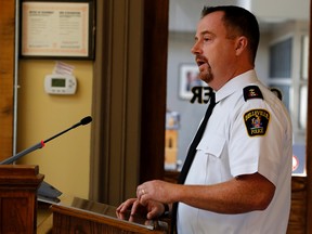 Emily Mountney-Lessard/The Intelligencer
Belleville Police Service Acting Inspector Chris Barry addresses the Police Services Board regarding the creation of a community roundtable. The roundtable, the board was told, will united local agencies and the city’s police force.
