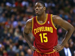 Anthony Bennett of the Cleveland Cavaliers takes a breather during NBA action against the Toronto Raptors at the Air Canada Centre in Toronto February 21, 2014. (Dave Abel/Toronto Sun)