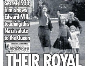The front page of the UK's Sun showing King Edward II teaching very young princess Elizabeth and Margaret how to give the Nazi salute. Handout/Postmedia Network