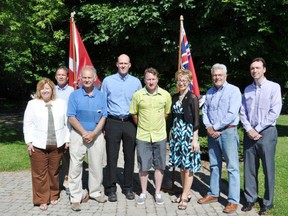 L-R- MPP Lisa Thompson, Bluewater Deputy mayor Jim Fergusson, Bluewater Stanley East councilor Dave Roy .MP Ben Lobb, Bluewater mayor Tyler Hessel, Daiene Vernile, MPP for Kitchener Centre., Bluewater councilor George Irvin and Gary Long, CAO for the Municipality of Bluewater.