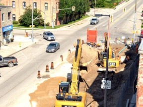 A shot of the downtown streetscape construction from the roof of the Hicks House in Mitchell shows a more complete picture of the work contractors are in the process of completing. GALEN SIMMONS/MITCHELL ADVOCATE