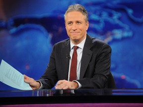 This Nov. 30, 2011 file photo shows television host Jon Stewart during a taping of "The Daily Show with Jon Stewart" in New York. Stewart enters the home stretch of his 16 years on Comedy Central's "The Daily Show" on Monday. (AP Photo/Brad Barket, File)